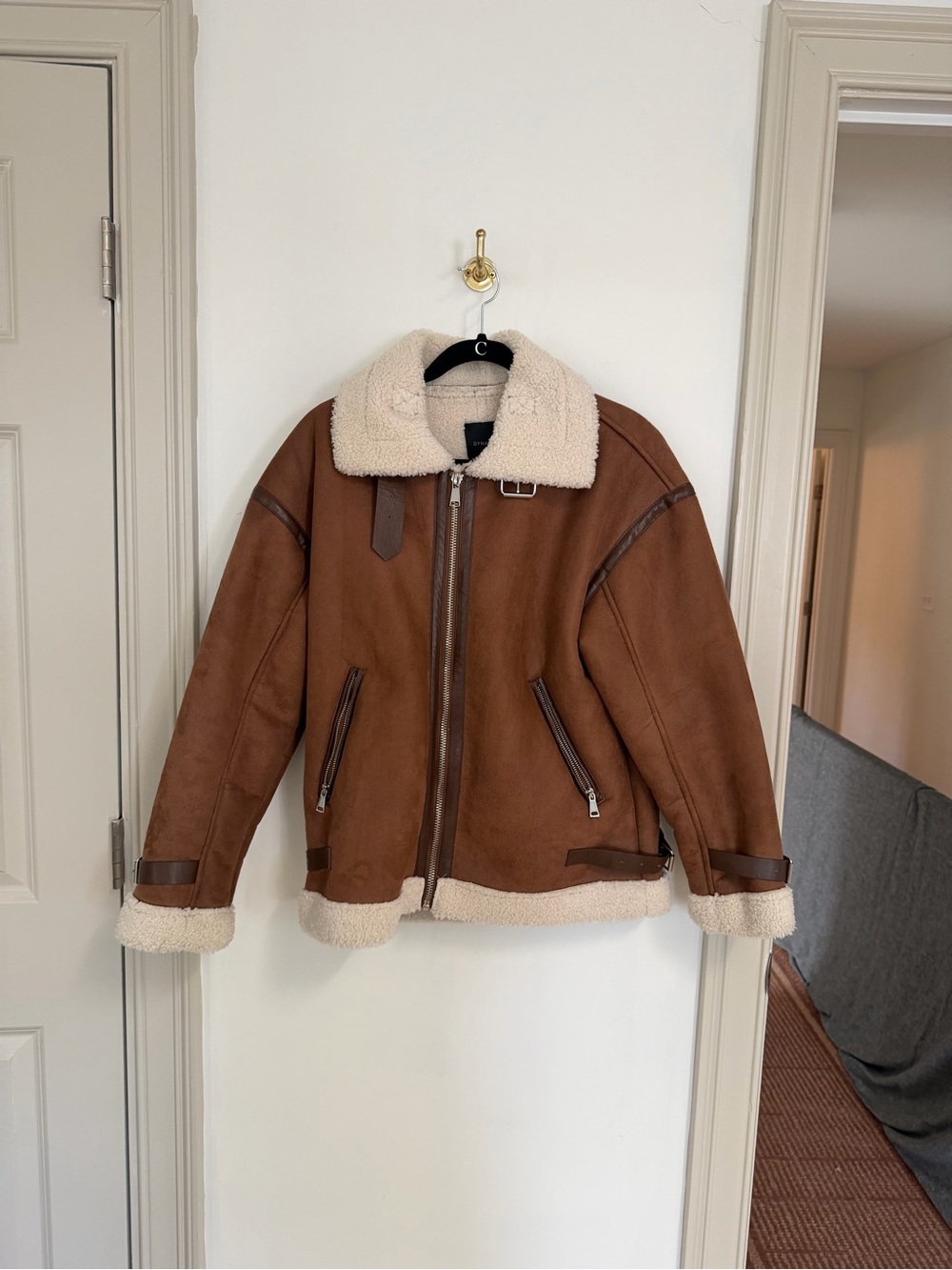 Womens Brown Shearling Bomber Jacket with Cream Collar